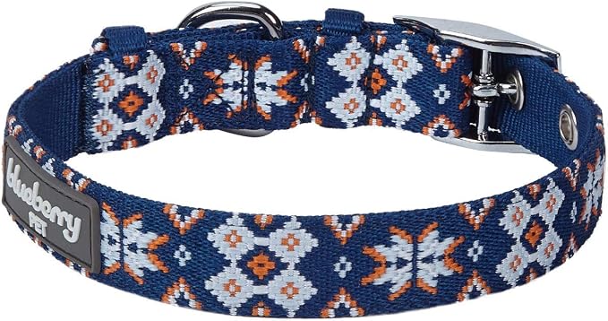 Blueberry Pet Southwestern Modern Tribal Print Navy Braided Adjustable Dog Collar with Metal Buckle, Neck 13-16.5", for Medium Breed