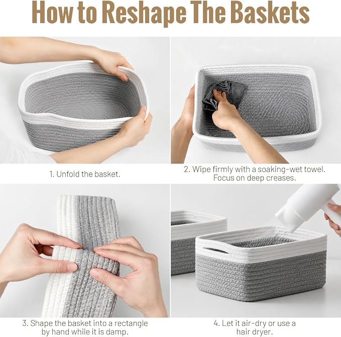 5 Pack Small Woven Storage Baskets for Shelves, Gift Baskets Empty | 11.8"x7.9"x4.7", Decorative Cotton Rope Baskets Organizer, Storage Bins for Organizing Bathroom, Closet, Nursery, Gray/White