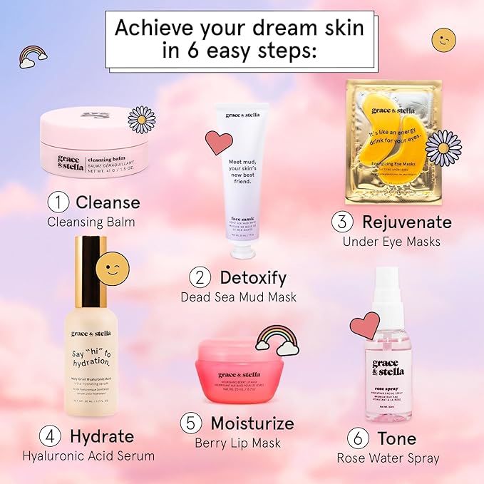 grace & stella Award Winning Skin Care Set - Birthday Gifts for Her, Travel Size Toiletries with Eye Masks, Hyaluronic Acid Serum, Lip Balm & More, Gift Baskets for Women, Vegan Cruelty-Free Self Care