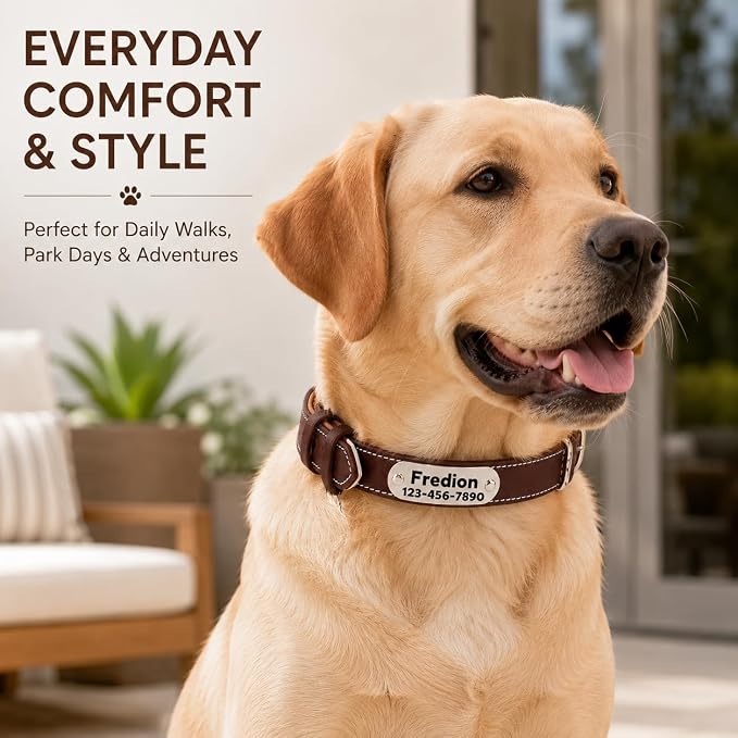 Personalized Leather Dog Collar with AirTag Holder Case, Custom Engraved Nameplate Dog Collar, Adjustable Genuine Leather Soft Padded Dog ID Collar for X-Small Small Dogs-Brown Padded-S