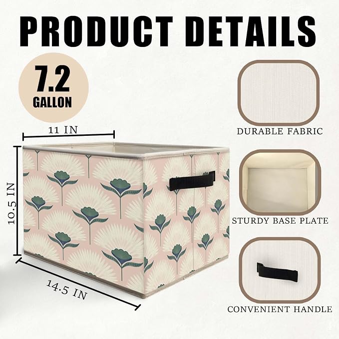 Retro Pink Floral Storage Bins Basket, Mid Century Modern Art Nouveau Collapsible Fabric Storage Box Organizer Toybox for Bedroom Bathroom Clothes Books Toys