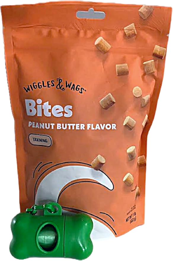 Wiggles & Wags Peanut Butter Training Treats Plus Bone Shaped Waste Dog Dispenser with roll. (1 LB)