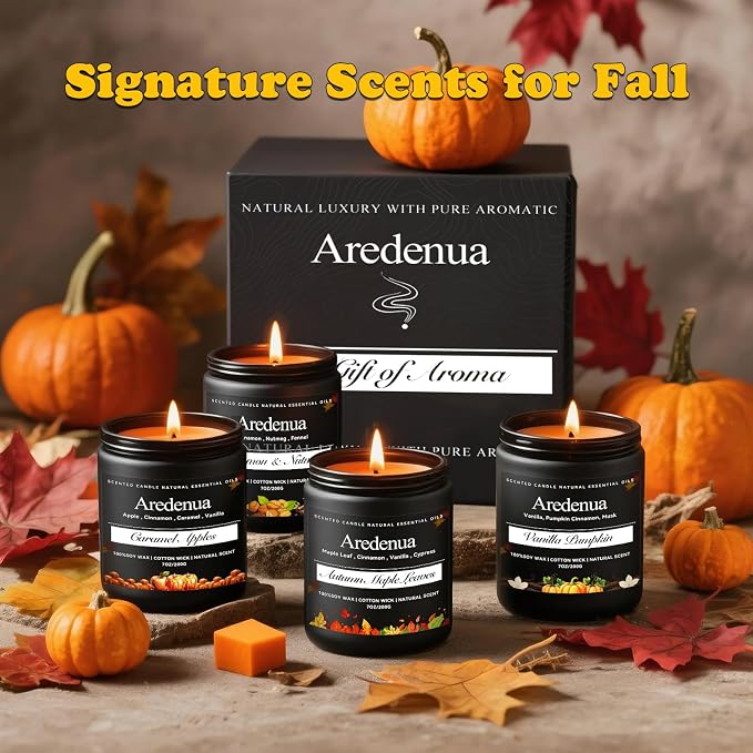 Fall Candles Set – 4 Pack Cozy Autumn Seasonal Candles Gift - Scent of Vanilla Pumpkin, Cinnamon & Nutmeg, Caramel Apples & Autumn Leaves, 28oz Soy Candles for Christmas Cozy Winter Gifting