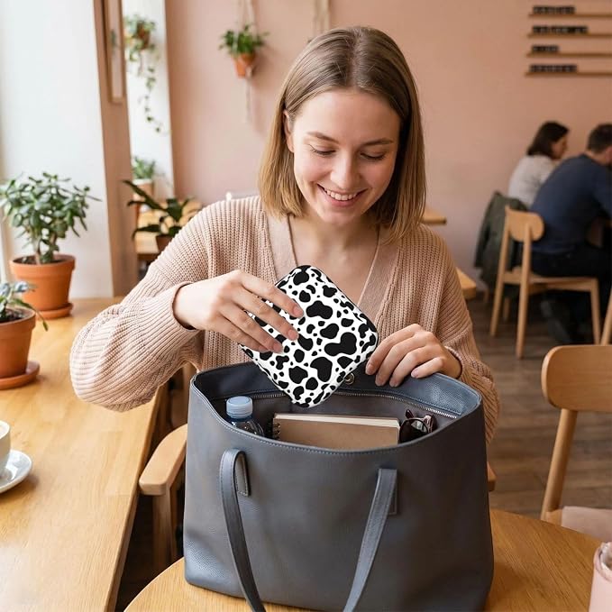 Black And White Cow Print Period Bag For Women,Portable Sanitary Napkin Period Pad Pouch For Purse, Small Make Up Bags