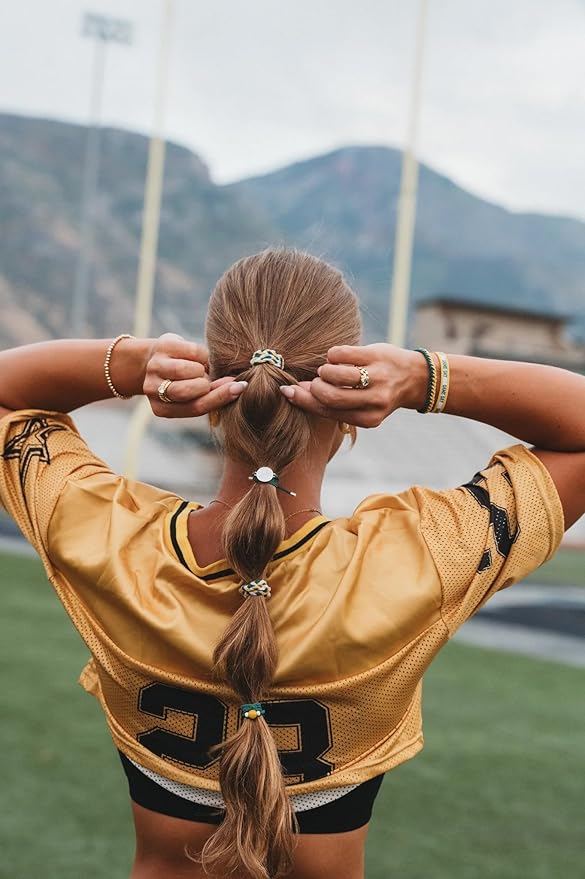 K'lani Game Day Hair Tie Bracelets – 5-Pack Stretchy No-Crease Hair Ties & Stylish Bracelets – Team Color Accessory for Hair or Wrist - Green & Yellow, Medium