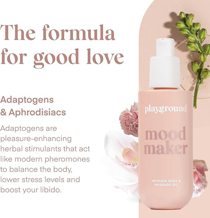 Playground Mood Maker, Pleasure Enhancing Body & Massage Oil, Mood Elevating Adaptogens, Botanical Aphrodisiacs, Skin Soothing Plant Oils, Vanilla Sandalwood Rose Ylang Ylang, Long-Lasting Sensual Oil