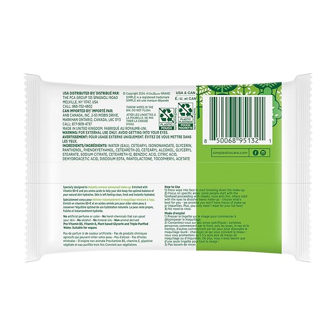 Simple Kind To Skin Micellar Makeup Remover Wipes - Face Wipes Instantly Remove Waterproof Makeup - Enriched with Vitamin B5 and E - Vegan - 2 pc