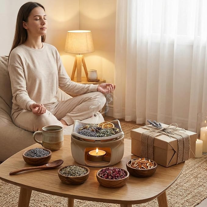 Handmade Ceramic Aromatherapy Diffuser | Herb Burner & Candle Wax Warmer with Tealight Holder, Home Fragrance Accessories forRelaxation & Meditation(3.15*2.95*2.95)