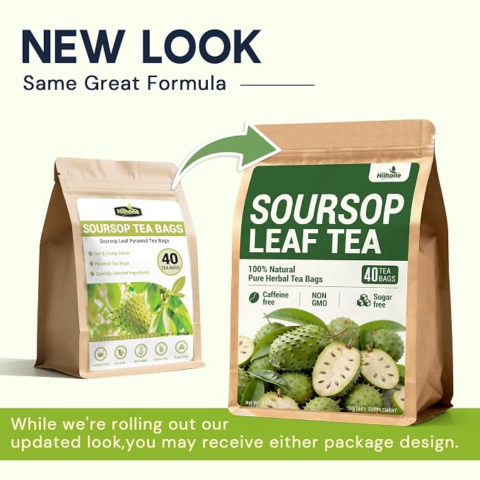 Soursop Leaf Herbal Tea (Graviola) - Caffeine & Sugar Free, 40 Teabags