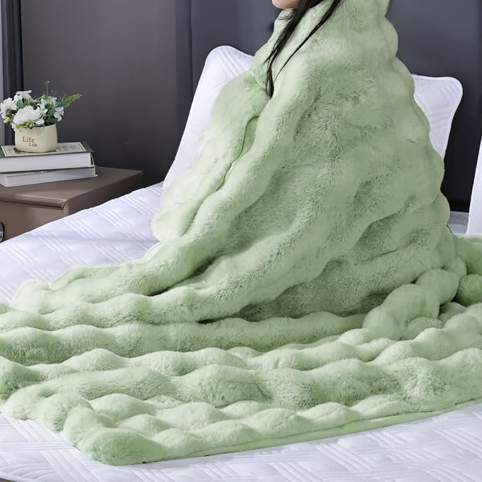 Sage Green Faux Fur Throw Blanket for Couch, Snuggly Double-Sided Bubble Plush Blanket with Soft Flannel Back,Decorative Gift for Sofa or Bed, Machine Washable, 50 x 60, 860 GSM