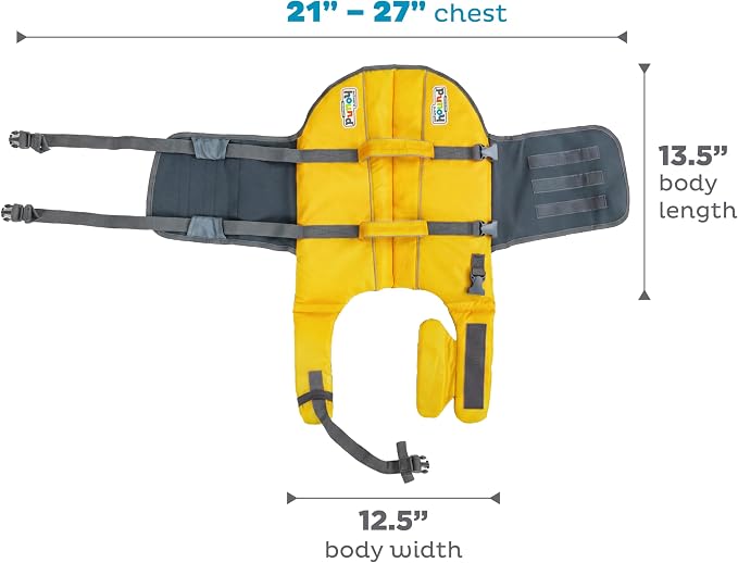 Outward Hound Granby Splash Dog Life Jacket, Life Vest, Yellow, Medium | Max Buoyancy, Adjustable Fit, Head/Neck Support, Rescue Handle, Reflective, Swimming & Boating, Medium Dogs (21–27" Girth)