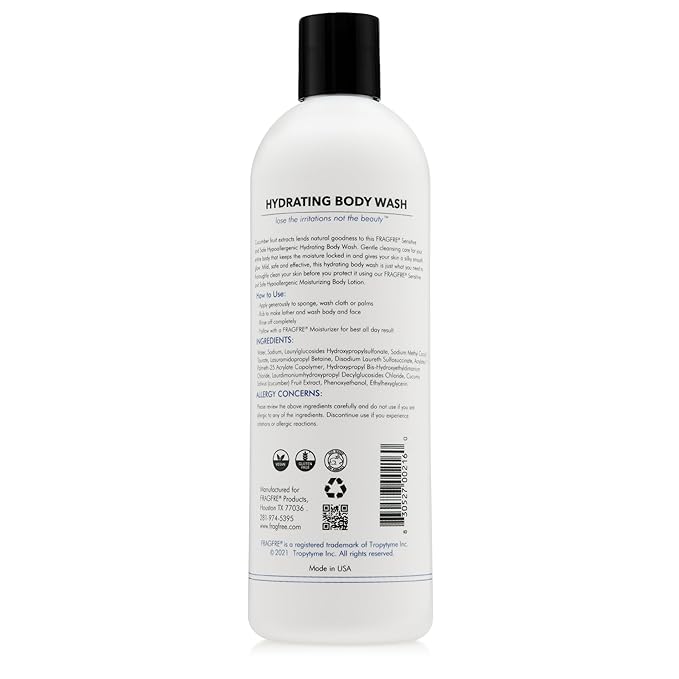 Sensitive Skin Body Wash 16 oz - Paraben Free Sulfate Free Body Cleanser - Hypoallergenic for Delicate and Flaky Skins - Natural Cucumber for Hydration - Vegan Gluten Free Cruelty Free