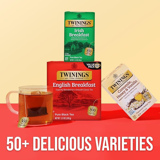 Twinings Irish Breakfast Black Tea Individually Wrapped Bags, 20 Count (Pack of 6), Flavourful, Robust Black Tea, Caffeinated, Enjoy Hot or Iced, 120 Teabags