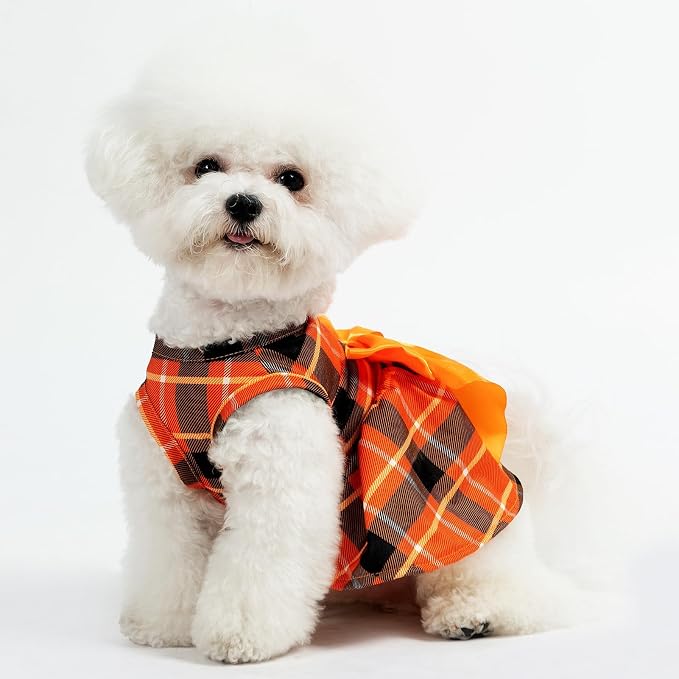 PUPTECK Plaid Dog Dress with Bow Puppy Clothes for Autumn, Orange Plaid L | Puppy Doggie Pet Clothes Outfits Apparel Costume for Wedding Anniversary Birthday Photoshoot for Small Medium Large Dogs Girl