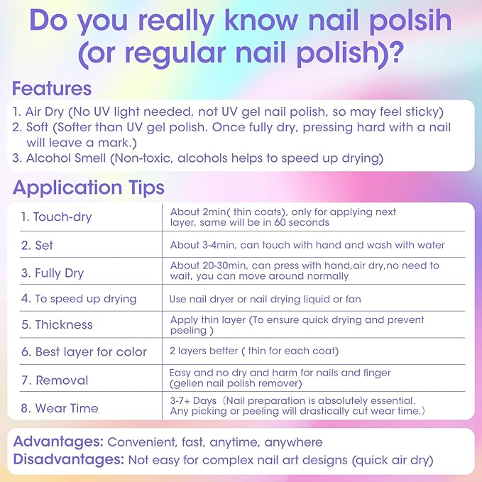 GELLEN Pastel Nail Polish, Quick Air Dry Non-gel Regular Nail Polish No Light Needed for Finger Toe & Fake Nails | 6-color Spring Summer Macaron, Apply 2 Thin Coats | Toxin TPO HEMA Free, No Chip