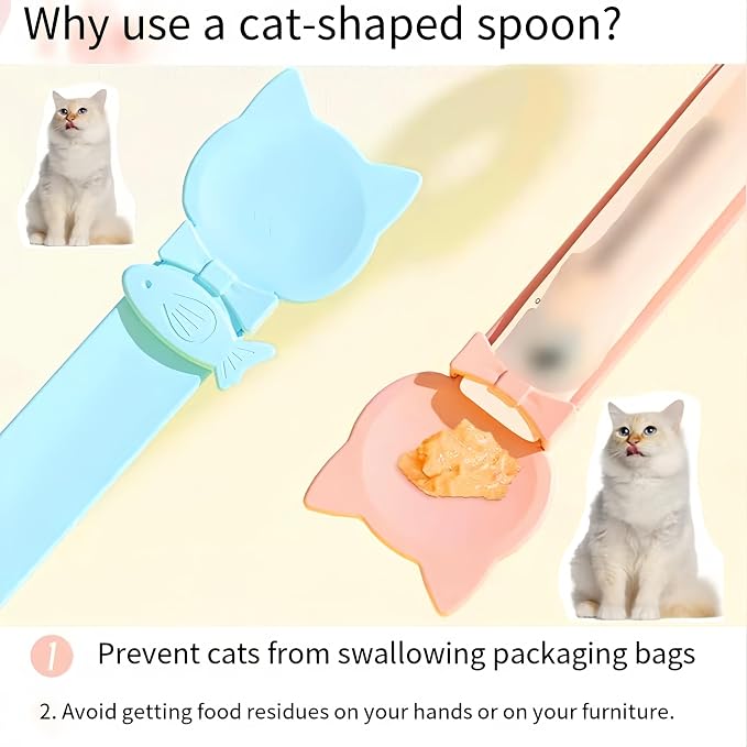 Tail-Shaped Cat Treat Dispenser - Squeeze Spoon for Wet Food & Cat Strips, Multi-Purpose Pet Food Can Accessory, Easy Clean (Pink+Pink)