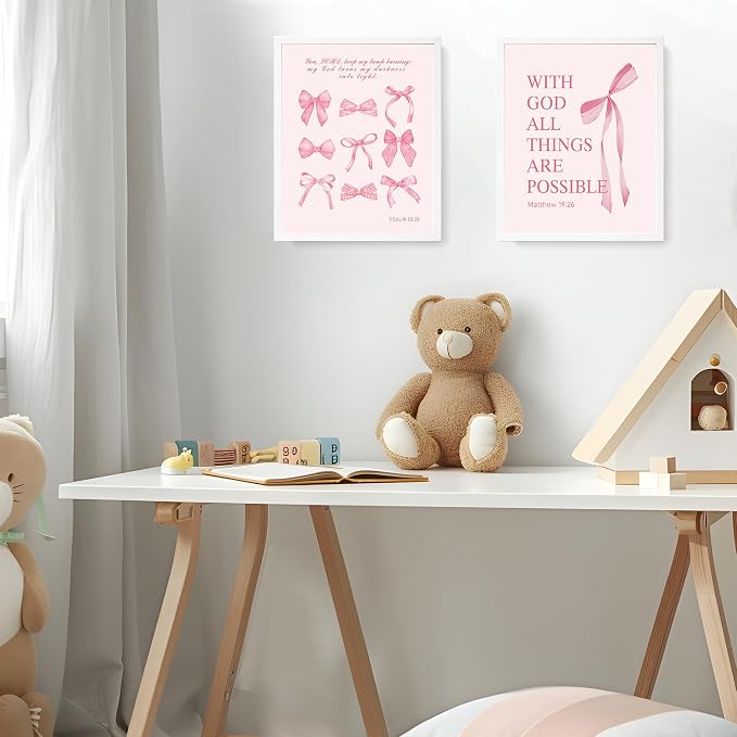 LARTSFRO Coquette Pink Bow Wall Art Decor Posters, Pink Bow Christian Room Bedroom Bathroom Dorm Wall Art Decor for College Teen Girls Kids Gifts, Inspirational Bible Verses Bow Wall Decor, 10x8 Inch Set of 4 Pcs Bow Pictures (UNFRAMED)