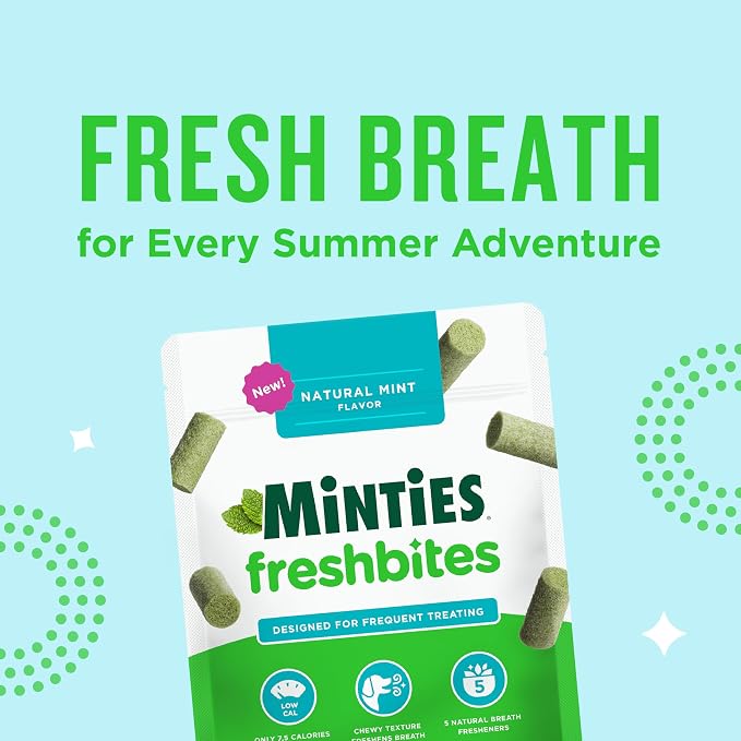 Minties FreshBites Soft and Chewy Dental Treats, Low Calorie Natural Mint Flavored Dental Chews for Dogs, 100 Count, Dog Chews Clean Teeth, Fight Bad Breath, Removes Plaque and Tartar | 7.5-cal soft chew; 5 natural breath fresheners; no wheat, corn, so...