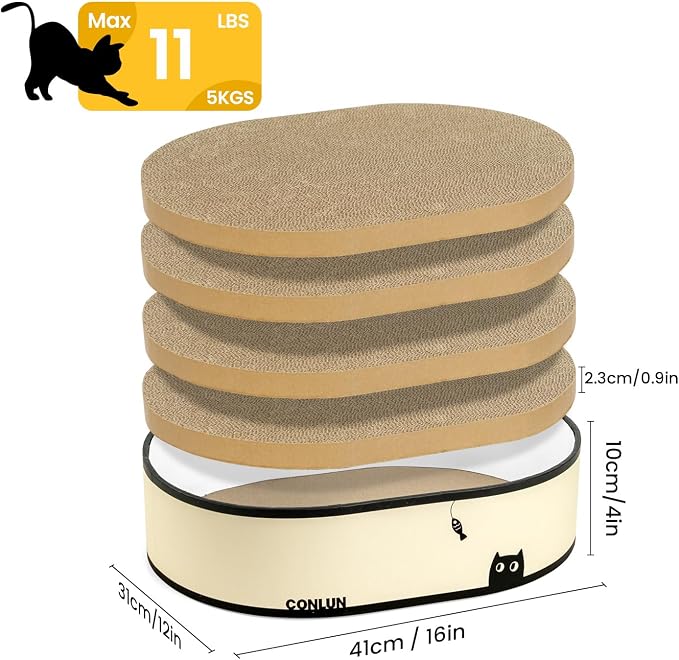 Conlun Oval Cat Scratcher Box with 4 Scratching Pads | Medium | Corrugated Cardboard | Reversible Design | Protects Furniture | Enclosed Bottom | Mess-Free Lounge Bed for Indoor Cats