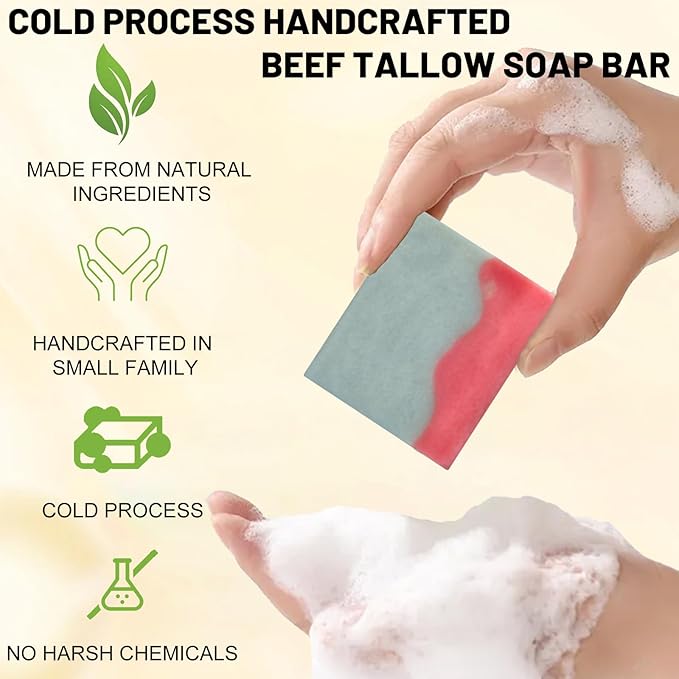 MR.A 3PCS Beef Tallow Soap Bar, All Natural Grass Fed Tallow Soap Unscented, Moisturizing Face & Body Wash, Handcrafted Bath Soap for Adults, Kids