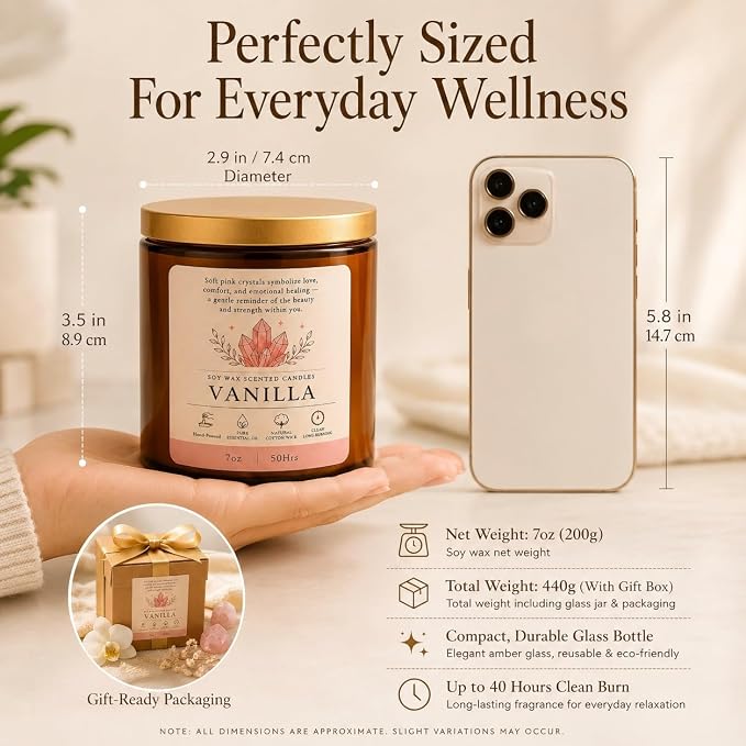 Vanilla Soy Candle 7oz Natural Soy Wax Scented Candle Jar Candle | Long Burning Aromatherapy Candle for Home Decor, Relaxing Gift for Women