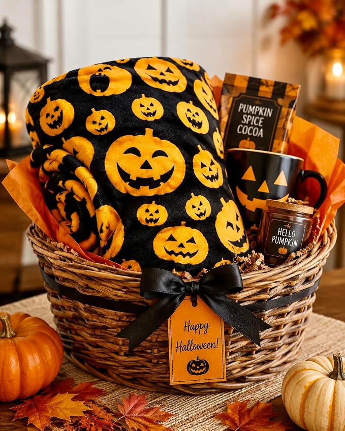 Halloween Fleece Throw Blanket, Cute Scary Jack-O-Lanterns on Black, 50x60 | Ultra-soft cozy flannel fleece, for sofa bed couch chair & dorms, spooky Halloween décor, durable and machine washable.