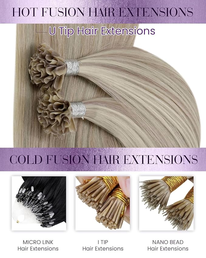LaaVoo K Tip Hair Extensions Real Human Hair Blonde Utip Hair Extensions Ash Blonde Mixed With Bleach Blonde Ktip Human Hair Extensions 100g/100s 14 Inch