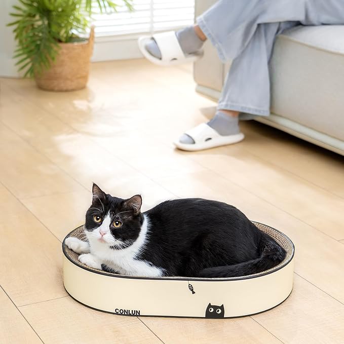 Conlun Oval Cat Scratcher Bed | Scratching Bowl Lounge for Cats | Large | Corrugated Cardboard Pad | Concave Shape | No Mess Enclosed Base | Serves as Couch Furniture Protector