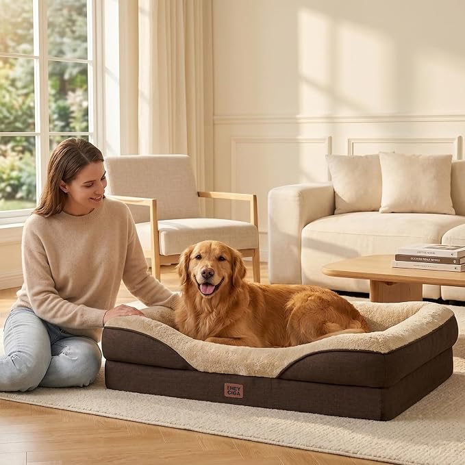 EHEYCIGA Orthopedic XL Dog Bed for Large Dog, Memory Foam Dog Couch, Brown | 42x30 Inch Extra Large Sized Dog Sofa with Sides, Waterproof Liner & Washable Removable Cover, Bolster Pet Couch