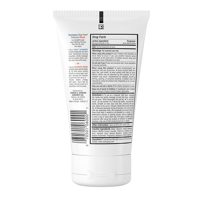 Neutrogena Clear Pore 2 in 1 Facial Cleanser/Face Mask with Kaolin & Bentonite Clay & 3.5% Benzoyl Peroxide Acne Treatment Medication, Daily Face Wash & Shine Control Clay Mask, 4.2 fl. oz, 3 Pack