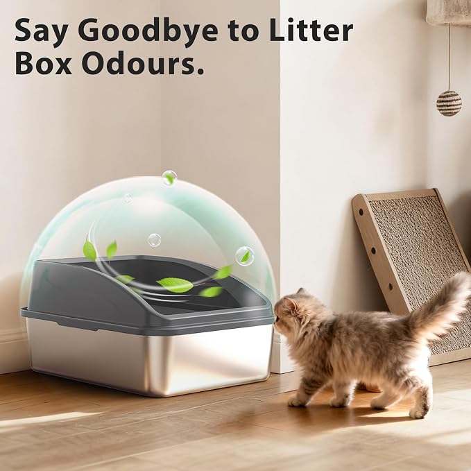 AIPERRO Stainless Steel Litter Box | Metal Litter Box with Lid for Kitty | High Sided, Low Entry for Small Cats or Injured Cats | Bunny Litter Boxes | Odor-Free & Non-Stick | Includes Litter Cat Scoop