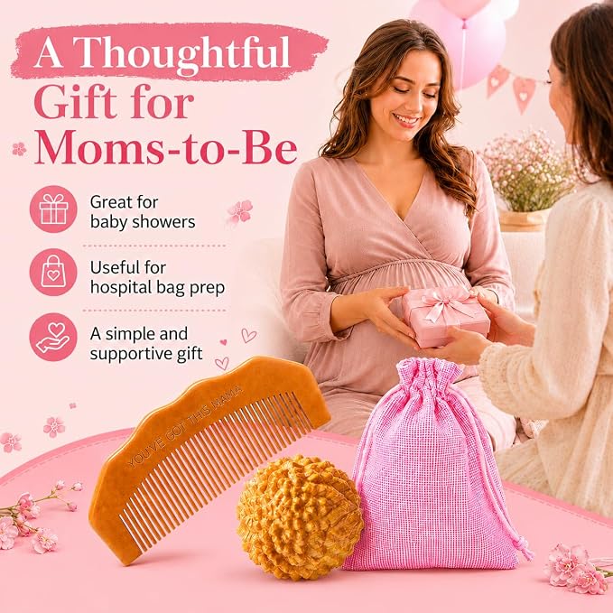 Birth Comb & Acupressure Massage Ball Set, Labor and Delivery Essentials | Wooden material, sensory focus, hospital bag essentials, mom-to-be gift