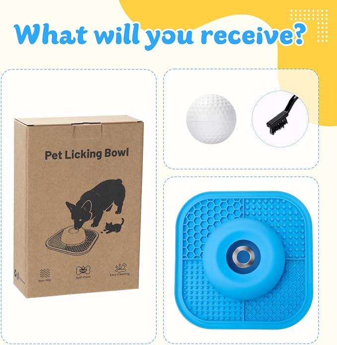 Slow Feeder Dog Bowls & Lick Mat for Liquid and Thick Treat, Anti-Slip Dog Lick Bowl with Interactive Rolling Ball, 5/6 Cup Pup Licking Toy for Large Medium Small Dogs and Cats-Large Blue