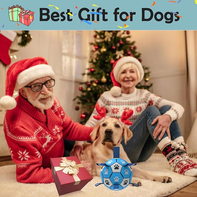 Dog Soccer Ball, Interactive Toys for Tug of War, Puppy Birthday Gifts, Tug Toy, Water Toy, Durable Balls for Small & Medium Size(8 inch-Blue)