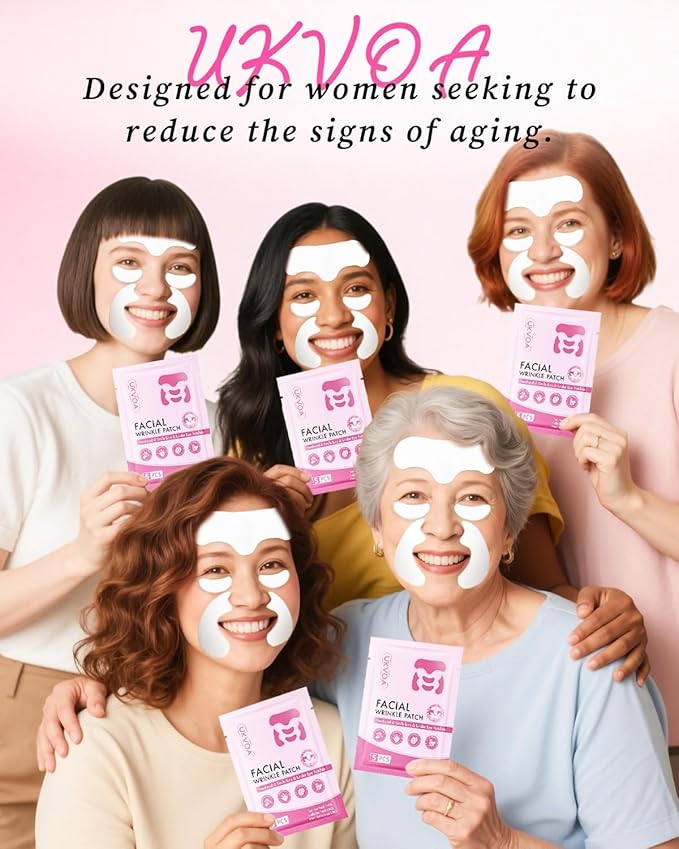 UKVOA Forehead Wrinkle Patches & Smile Line Patches & Under Eye Patches, Overnight Facial Wrinkle Treatment with Hyaluronic Acid, Aloe, Collagen & Vitamin E to Lift Smile Lines for Women 60pcs