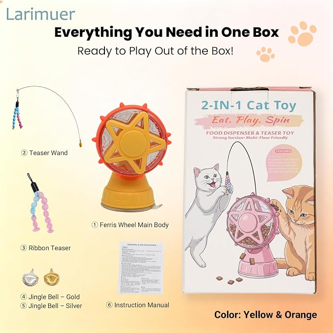 2 in 1 Ferris Wheel Interactive Cat Toy, Treat Dispenser Puzzle Feeder with Twist-Lock Suction Cup Base & Teaser Wand with Bells, Slow Feeder Enrichment Toy for Indoor Cat Boredom Relief