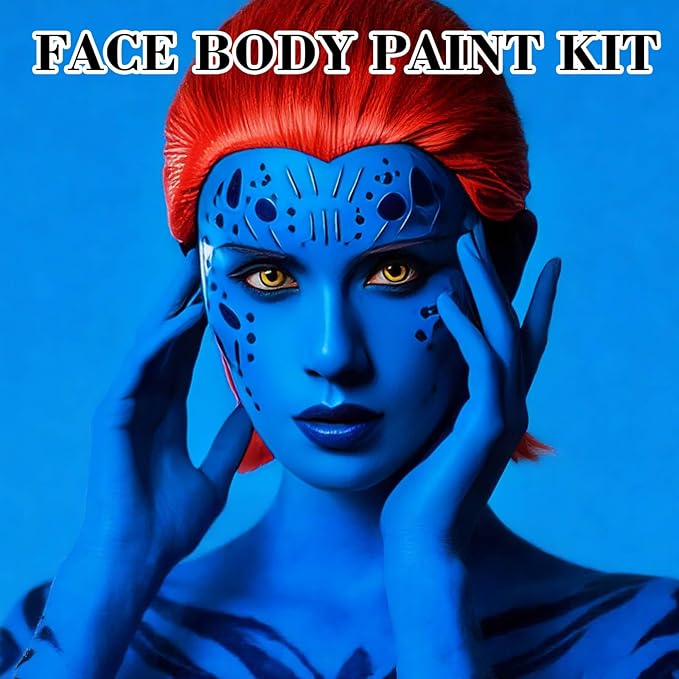 White Blue Face Paint with Sponges,1.01oz/pc Water Based Royal Blue Face Painting Kit for Avatar Smurf Mystique Cosplay Makeup,Halloween SFX Makeup Dark Blue Body Paint for Adults and Kids
