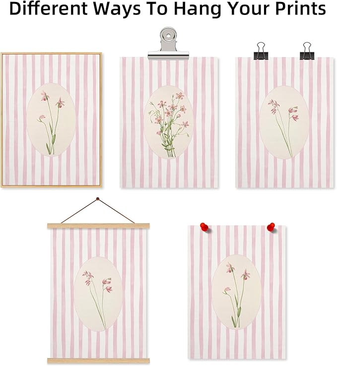 Youillne Pink Flower Wall Art Striped Floral Prints Botanical Canvas Wall Decor Aesthetic Pictures Pastel Pink Floral Poster Minimalist Flower Painting for Girl Room 12x16 Inch Unframed Set of 3