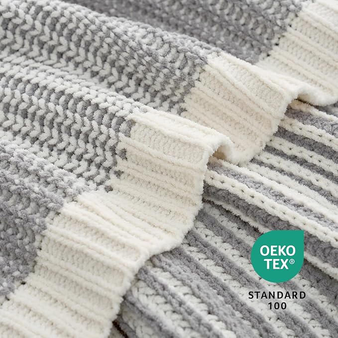Premium Chenille Throw Blanket, Soft Cozy Luxury Two-Tone Knit Blanket for Couch, Sofa, Chair, Home Decor, Grey & Ivory 50"x60"