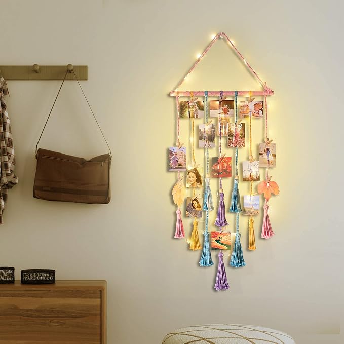 Room Decor for Teen Girls, Hanging Photo Display Macrame Picture Collage Wall Decor, Boho Decor for Bedroom Apartment Dorm Room with Remote Light, Christmas Birthday Gifts for Teenage Girls