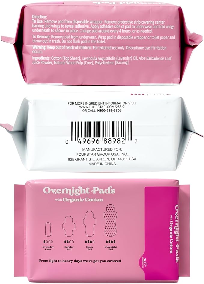 b.pure 100% Organic Cotton Herbal Overnight Feminine Pads with Wings | Chemical Free | Lavender & Aloe Infused | Heavy Flow | 24-Count