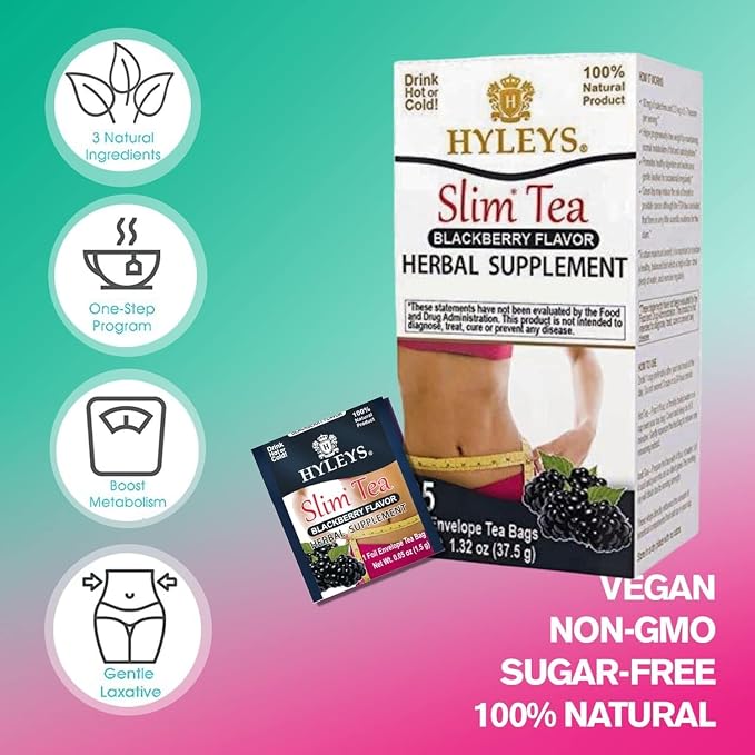 Hyleys Slim Tea Blackberry Flavor - Weight Loss Herbal Supplement Cleanse and Detox - 25 Tea Bags (12 Pack)