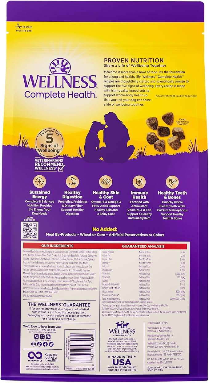 Wellness Complete Health Adult Dry Dog Food, Wholesome Grain Kibble, Natural, Beef and Barley Recipe, 5 lb Bag