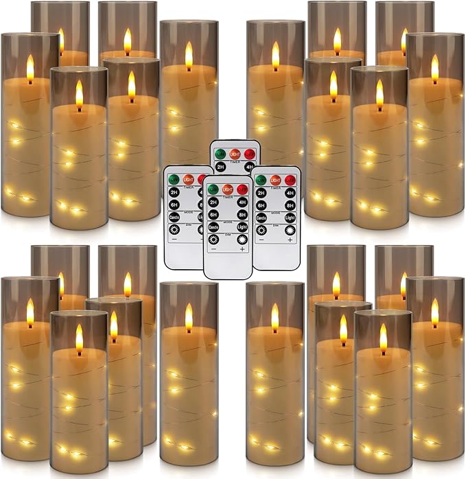 24-Pack Gray Flameless Candles with Remote, Battery Powered LED Candles with Embedded Star String Lights & Realistic Flickering Flame, Timer for Christmas Home Wedding Fireplace Mantle Decor