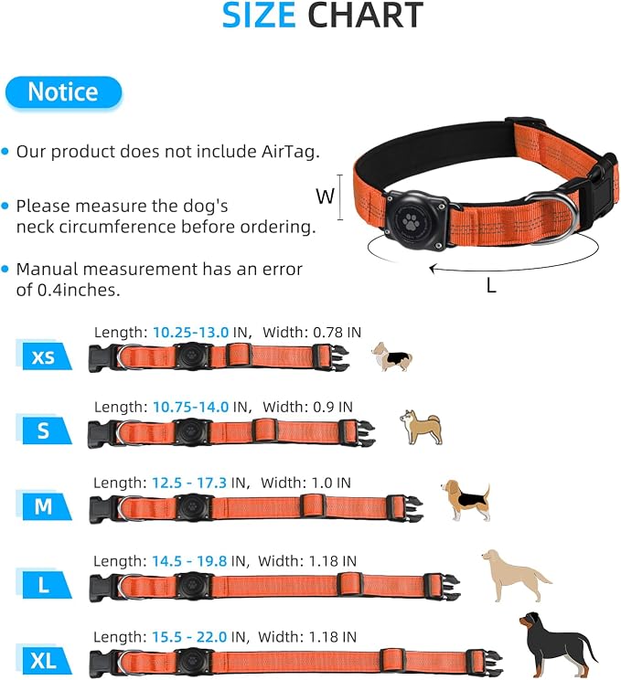 Upgrade Dog Collar with AirTag Holder, IP68 Waterproof, Orange, XL | Built-in Water Resistant AirTag holder, 1000D Nylon, Reflective Stitching for Night Visibility, Soft padding for Comfort