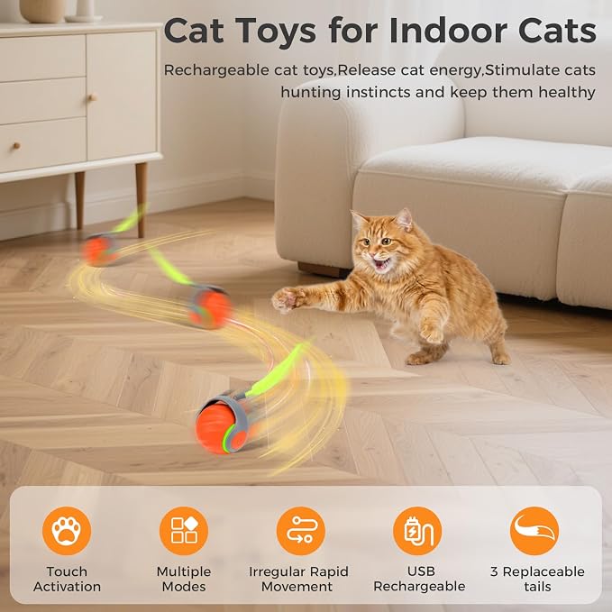 Automatic Interactive Cat Toy Ball with 3 Tails,Rechargeable Moving Cat Toy for Indoor Cats,Cat Toys Balls for Indoor Cats|Fun Interactive Cat Toys & Perfect Cat Gifts,cat ChaCe Toy,Motion Activated