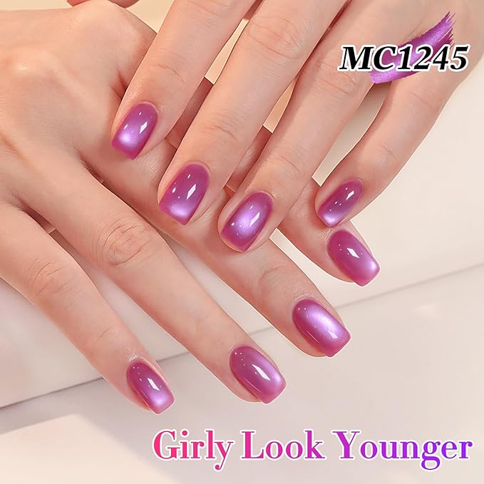 Double Rhythm 15ML Ice Glass Cat Eye Gel Polish with Magnet Holographic Glitter Shimmer Translucent Sheer Color Salon Soak Off Magnetic Nail at Home (Grape Purple-MC1245)
