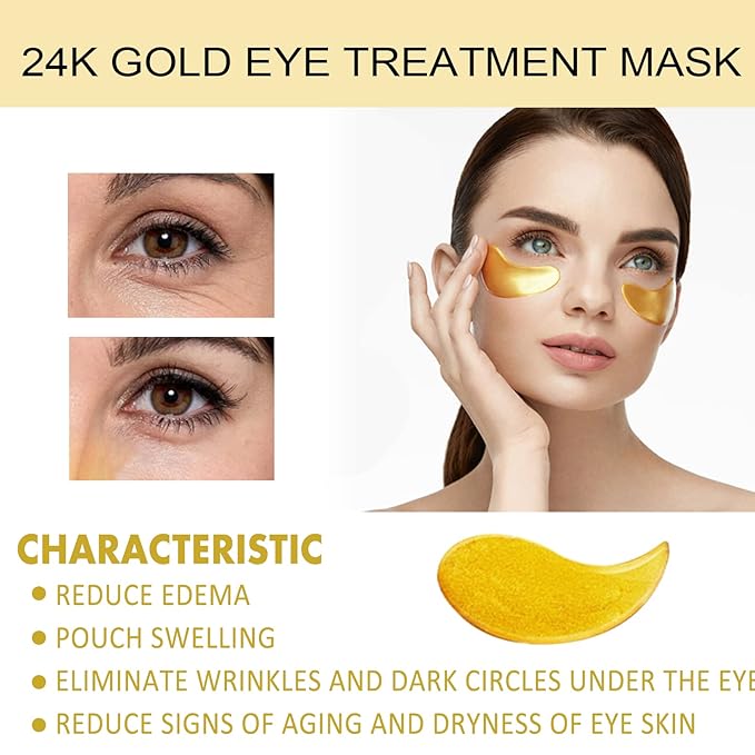 24K Gold Anti-Aging Eye Treatment Mask-Collagen Hyaluronic Acid Formula, Under Eye Patches for Dark Circles, Wrinkles, Puffiness