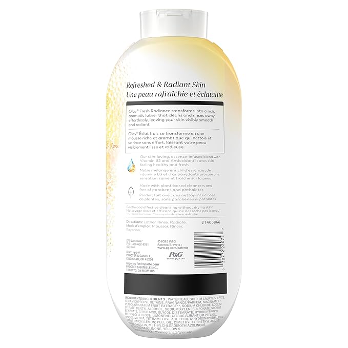 Olay Body Wash for Women, Fresh Radiance, 24/7 Skin-Loving Freshness, Visibly Radiant, Plant Based Cleansers, Vitamin B3 & Antioxidant Blend, All Skin Types, Pineapple & Coconut Water Scent, 22 fl oz