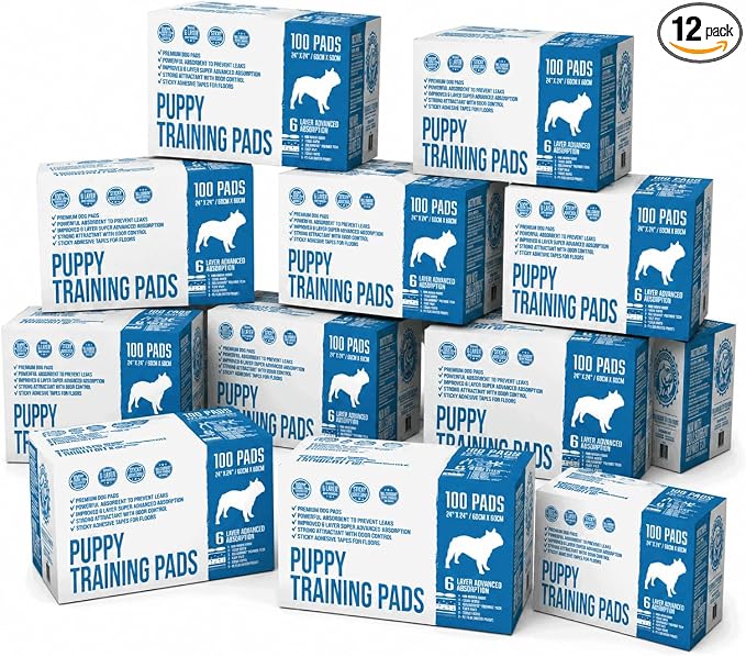 Bulldogology Premium Puppy Pads with Adhesive Sticky Tape Large Dog Training Wee Pads 6 Layer Absorbent Pet Pee Pads Bullsorbent Tech White 1200 Count 24" x 24"